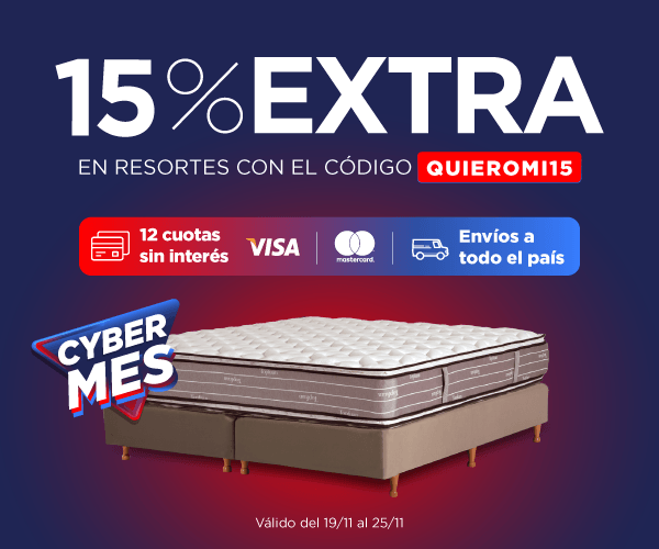 15% EXTRA en resortes con el código: QUIEROMI15. Válido del 19/11/2024 al 25/11/2024.